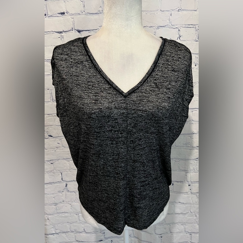 WHITE HOUSE BLACK MARKET Black Marled Print V Neck Short Sleeve Stretchy Top XS